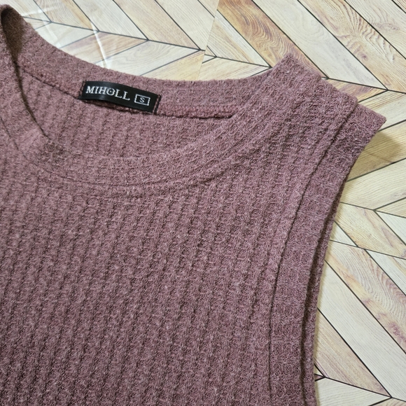MIHOLL Women's Waffle Knit Tank Top Mauve Purple Sleeveless Knot Front Shirt S - Picture 6 of 13